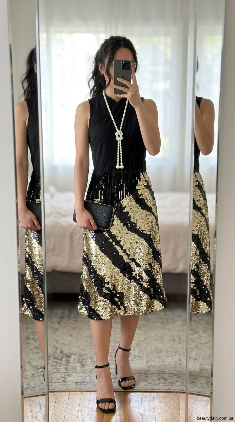 Золота атласна спідниця з пайєтками для вечірнього виходу у стилі Гетсбі. Гламурний образ 2024.