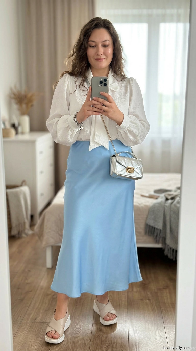 Блакитна атласна спідниця А-силуету з білою блузою для весняного бранчу. Свіжий образ 2024.