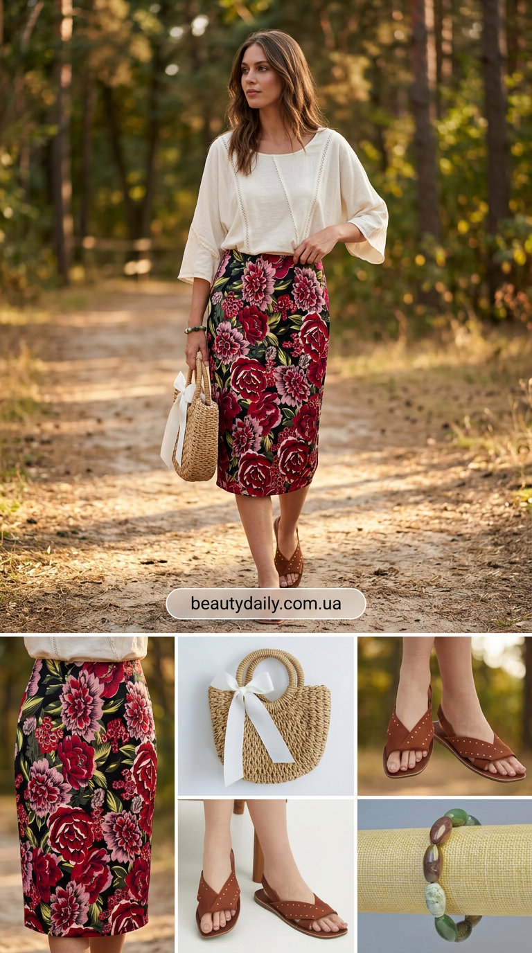 Бордова атласна спідниця з квітковим принтом для богемного літнього фестивалю. Романтичний образ 2024.