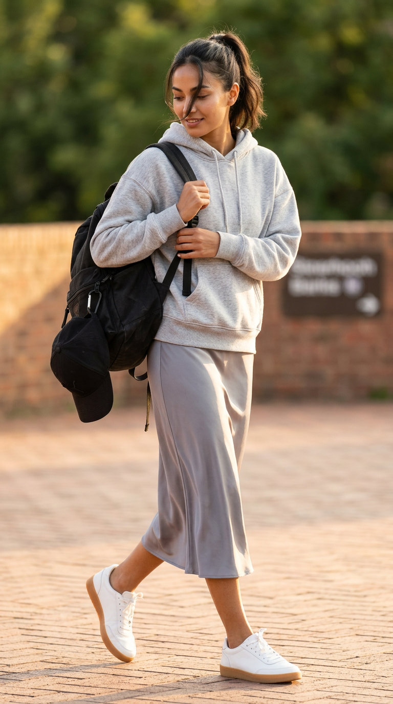 Сіра атласна спідниця міді зі спортивним худі для комфортного спорт-шик образу. Сучасний образ 2024.