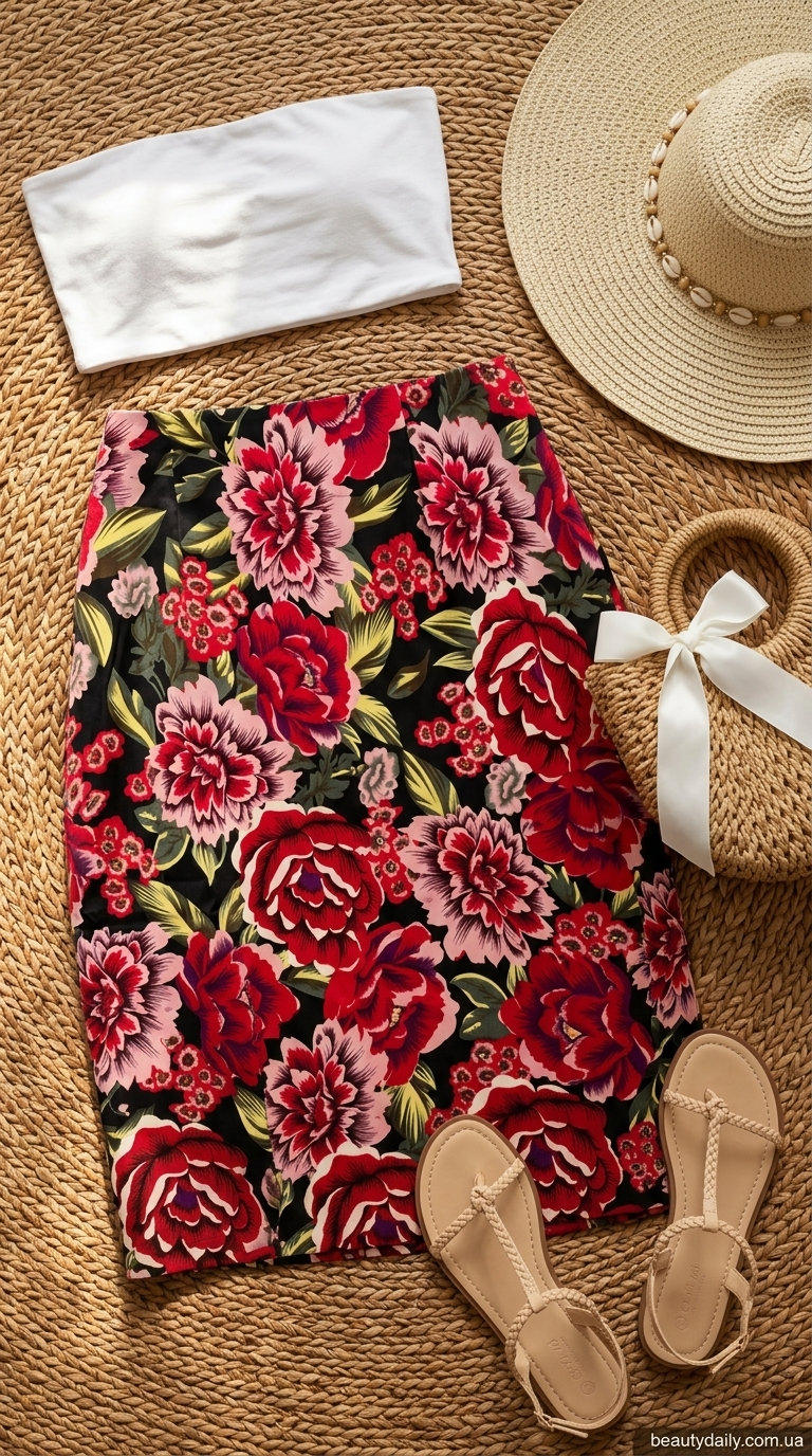 Жовта атласна спідниця з квітковим принтом для літнього відпочинку на дачі. Розслаблений образ 2024.