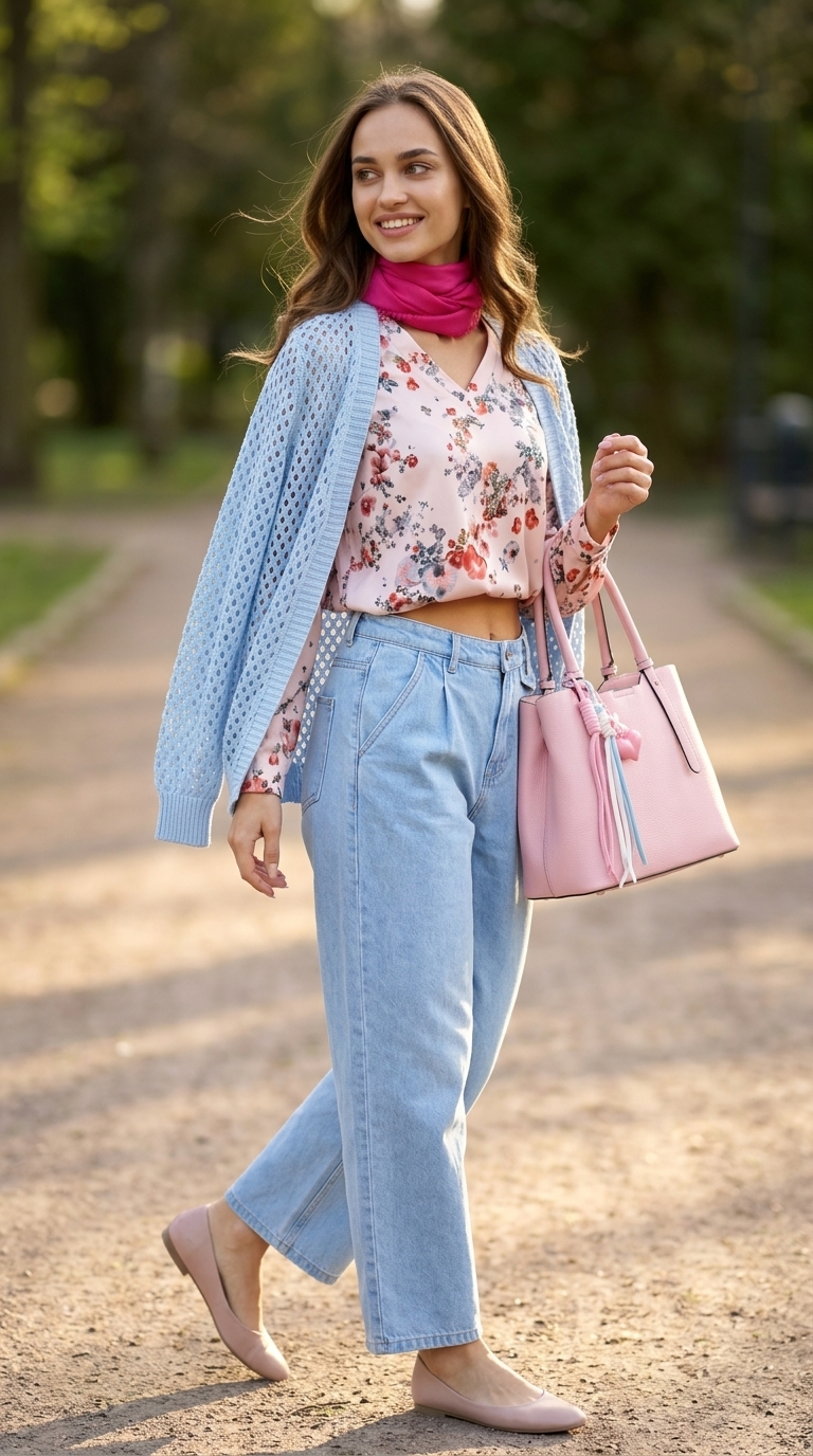 Модні джинси-бочки: з чим носити світло-блакитні джинси-бочки з блідо-рожевою блузою та кардиганом для весняного образу.