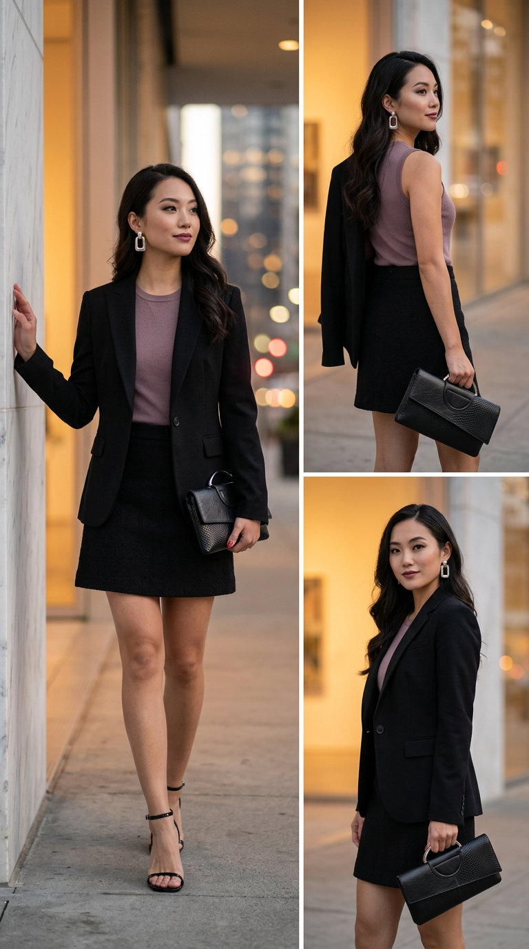 Чорна атласна спідниця трапеція з сріблястим топом для вечірнього коктейлю. Мінімалістичний образ 2024.