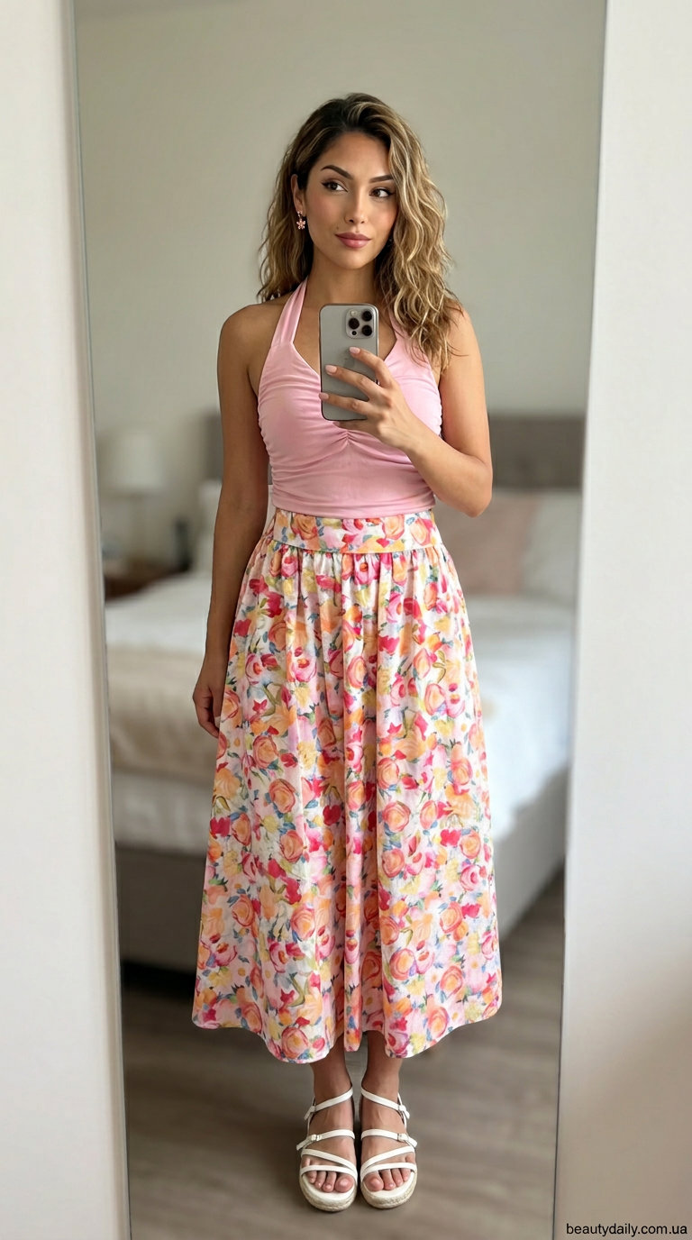 Ніжно-рожевий топ-халтер з креп-шифону для дня народження, в поєднанні з квітковою спідницею та босоніжками.
