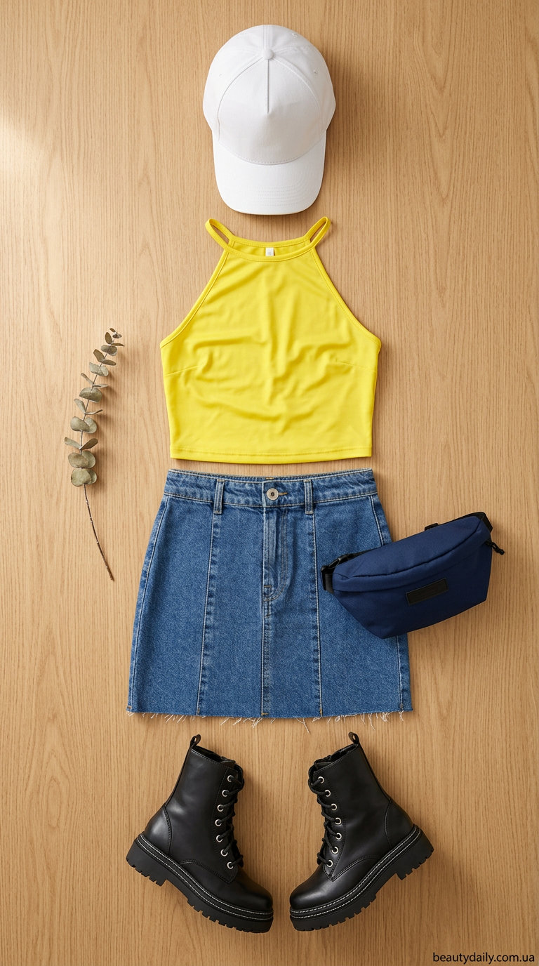 Жовтий топ-халтер з геометричним принтом для літнього фестивалю, з денім спідницею міні та масивними черевиками.