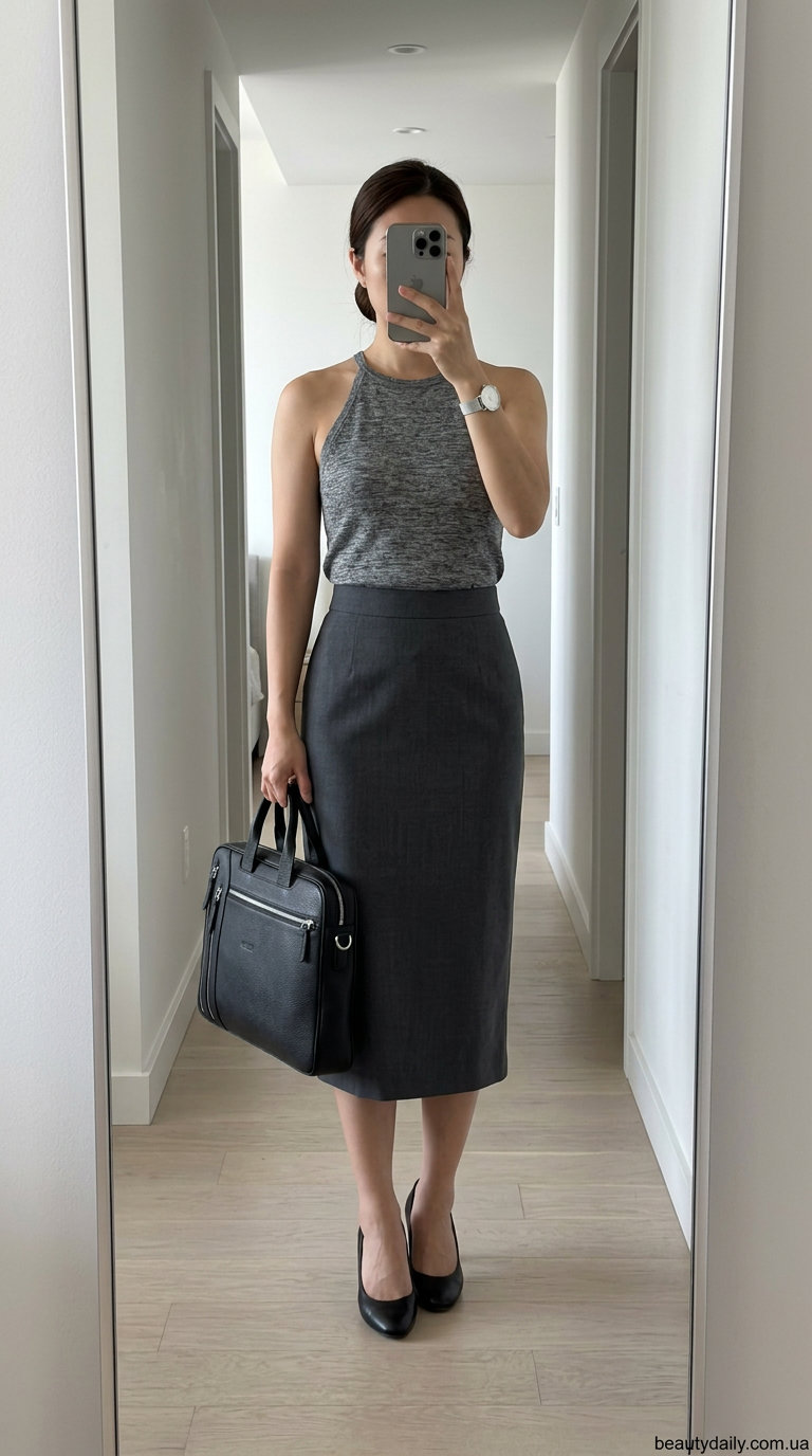 Сірий трикотажний топ-халтер для кар'єрного старту, з спідницею-олівцем та класичними туфлями-човниками.