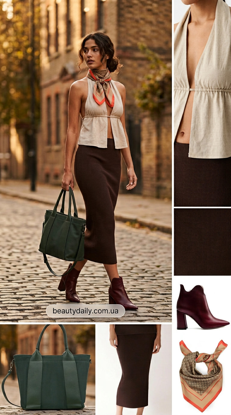 Охра топ-халтер з тонкої вовни для осіннього ярмарку, з спідницею міді та шкіряними чоботями-челсі.