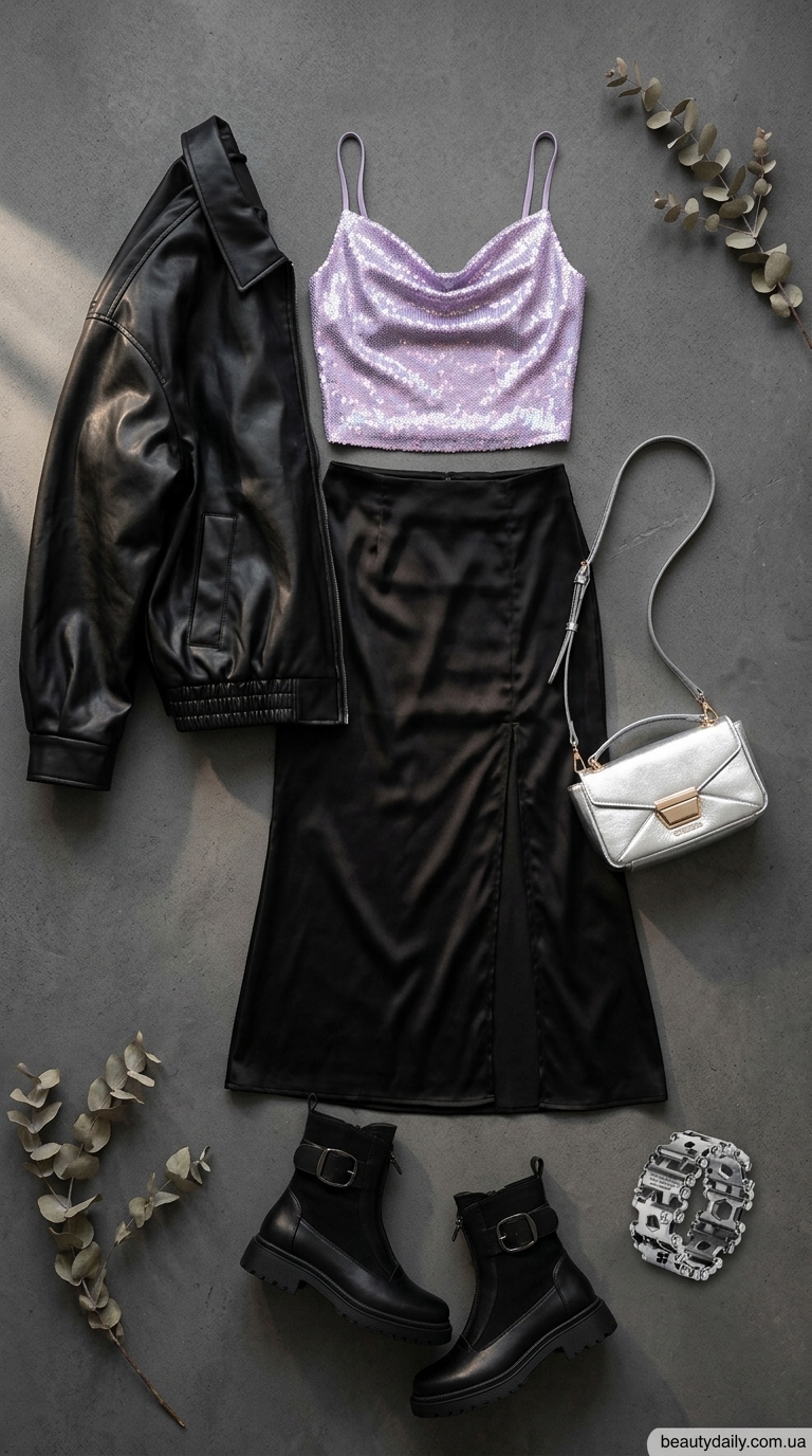 Гранж-вечірка: чорна сатинова спідниця максі з розрізом, кроп-топ з пайєтками, шкіряний бомбер.