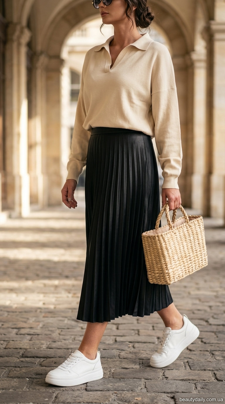 Недільний бранч: чорна сатинова спідниця-плісе міді, бежевий светр, білі кеди.