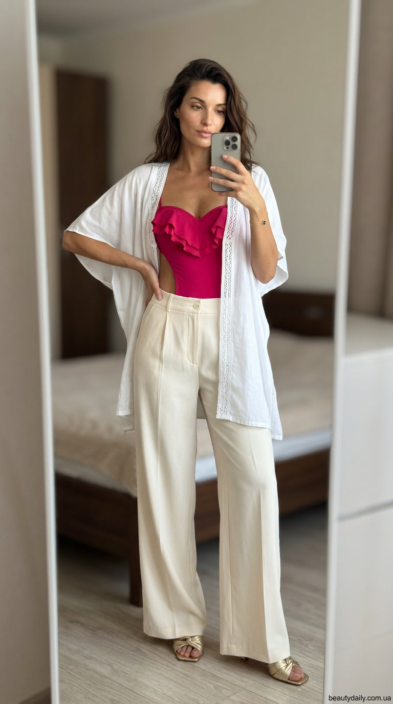 Ніжний цілісний купальник блідо-рожевий з золотими акцентами для ранкового відпочинку.