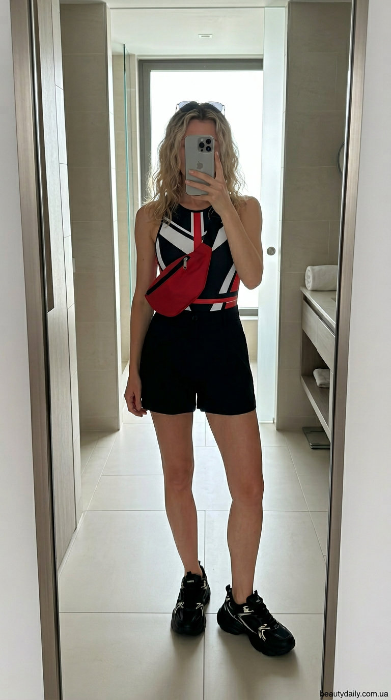 Графічний цілісний купальник з геометричним принтом для міського басейну.