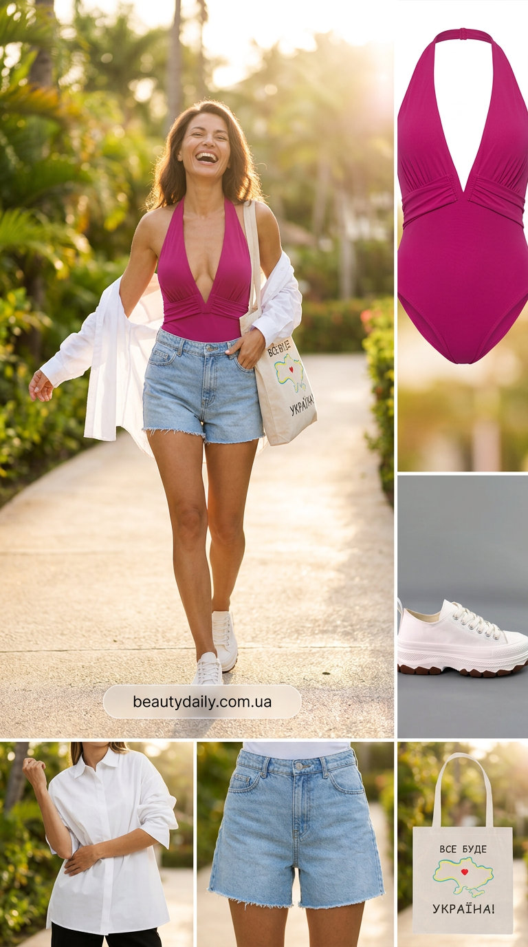 Яскравий цілісний купальник фуксія з вирізом для пляжу та літніх прогулянок.