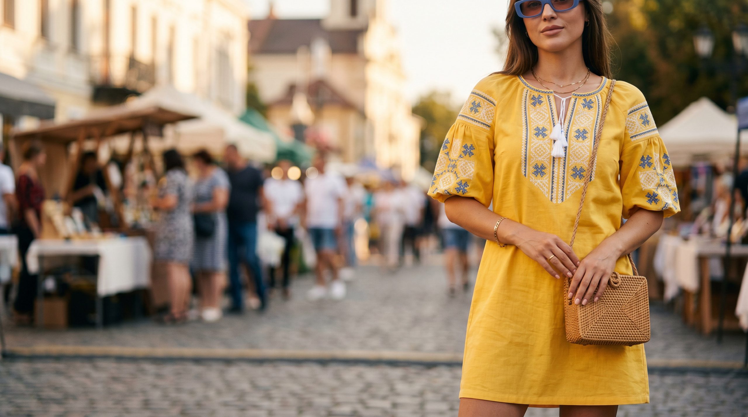 Елегантний детальний макрознімок вишиванки-сукні, що демонструє складні візерунки та актуальні тренди 2026 року.