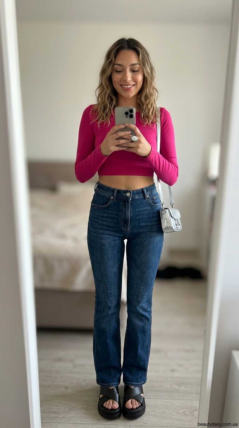 Джинси з високою талією: ідеальні літні образи 2026. Джинси з принтом, рожевий кроп-топ, босоніжки на платформі. Стиль Y2K.