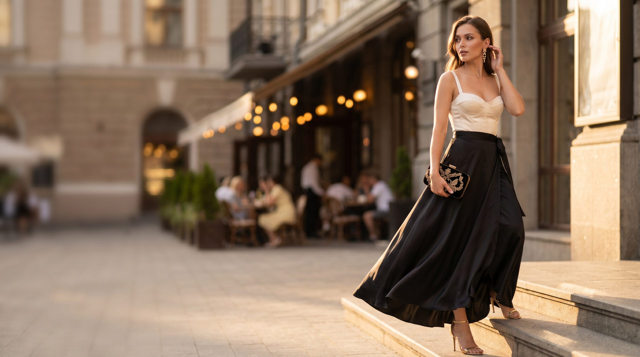 Елегантний повсякденний образ з чорною сатиновою спідницею, що підкреслює жіночність та витонченість у 2026 році.