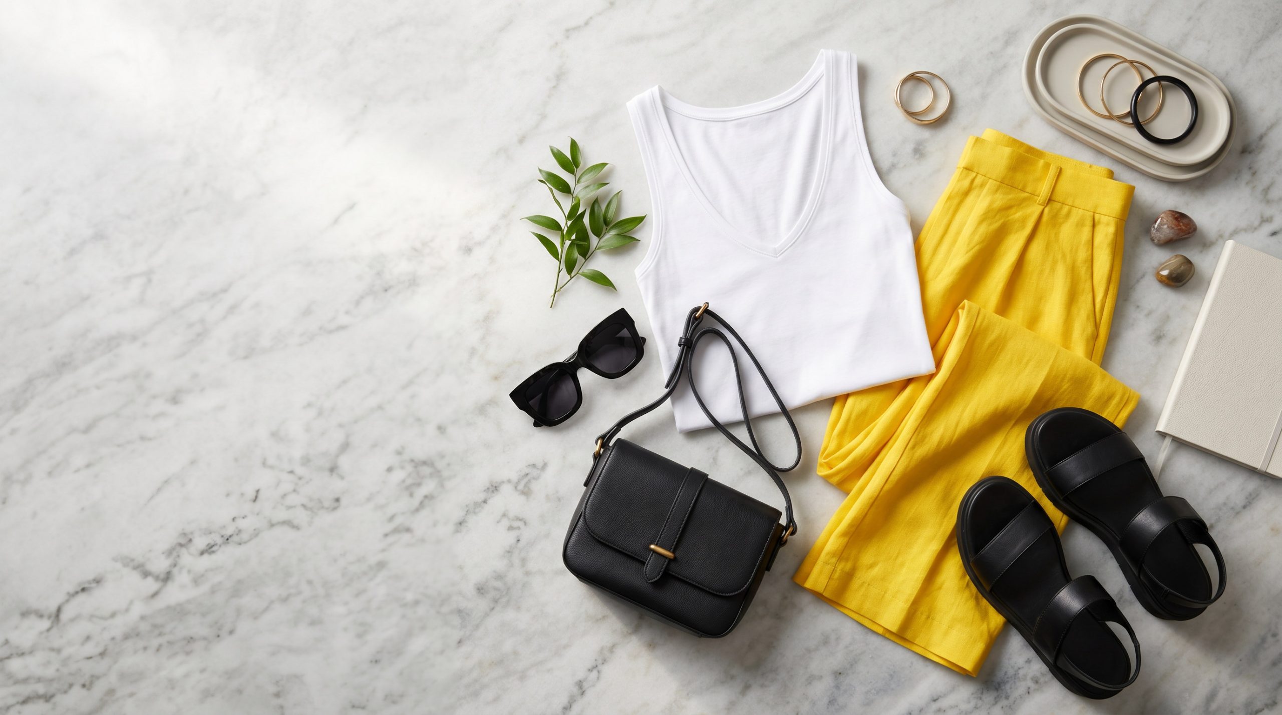 Елегантний flatlay-колаж, що демонструє модні ідеї, з чим носити білу майку влітку 2026 року, створюючи універсальні образи.