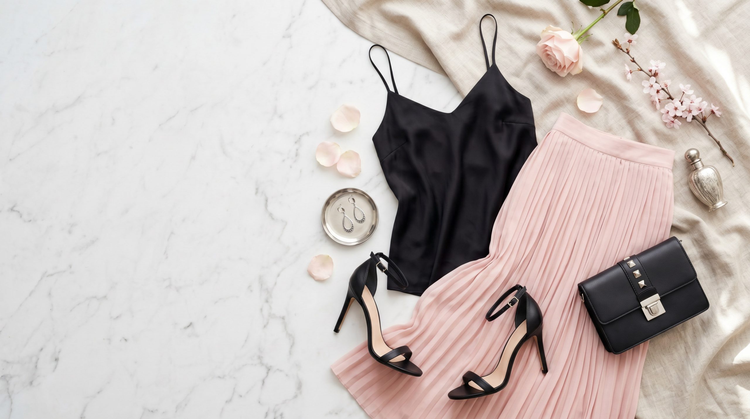 Елегантна колекція жіночих майок у розкладці flatlay, що демонструє трендові образи 2026 року для весняного сезону.