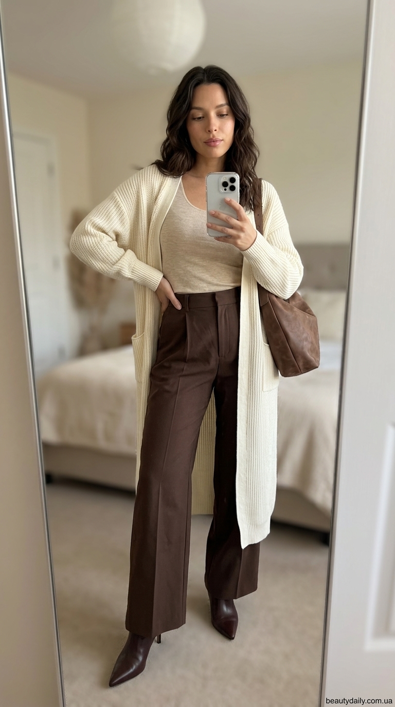 Бежева кашемірова майка з вовняними штанами для осіннього образу 2026. Затишний стиль.