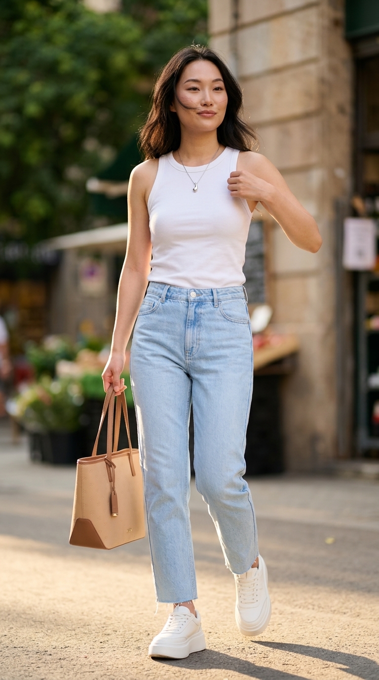 Біла базова майка з джинсами для міського шику 2026. Повсякденний стиль.