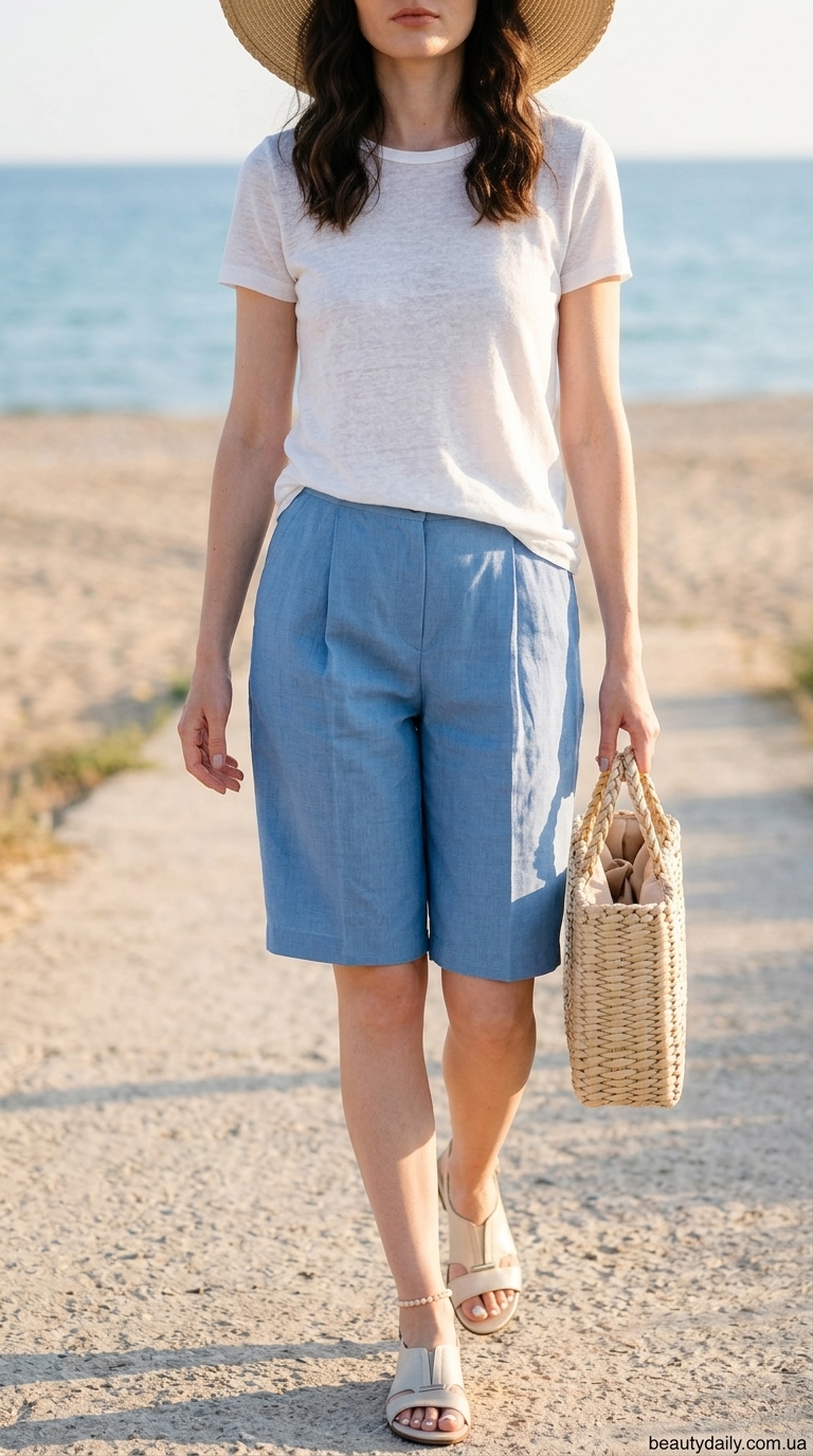 Біла лляна майка з блакитними шортами для літнього образу 2026. Пляжний стиль.
