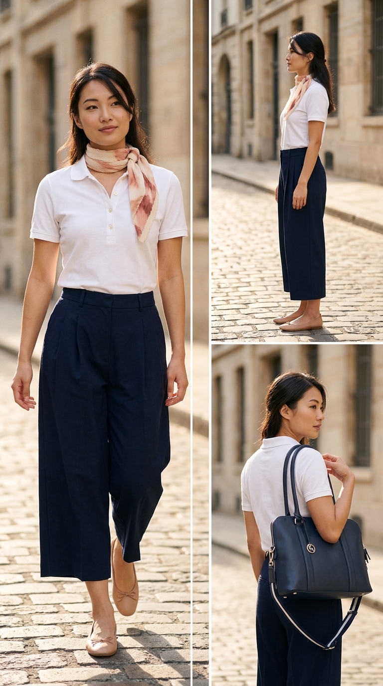 Біла майка-поло з синіми кюлотами для міської елегантності 2026. Класичний стиль.