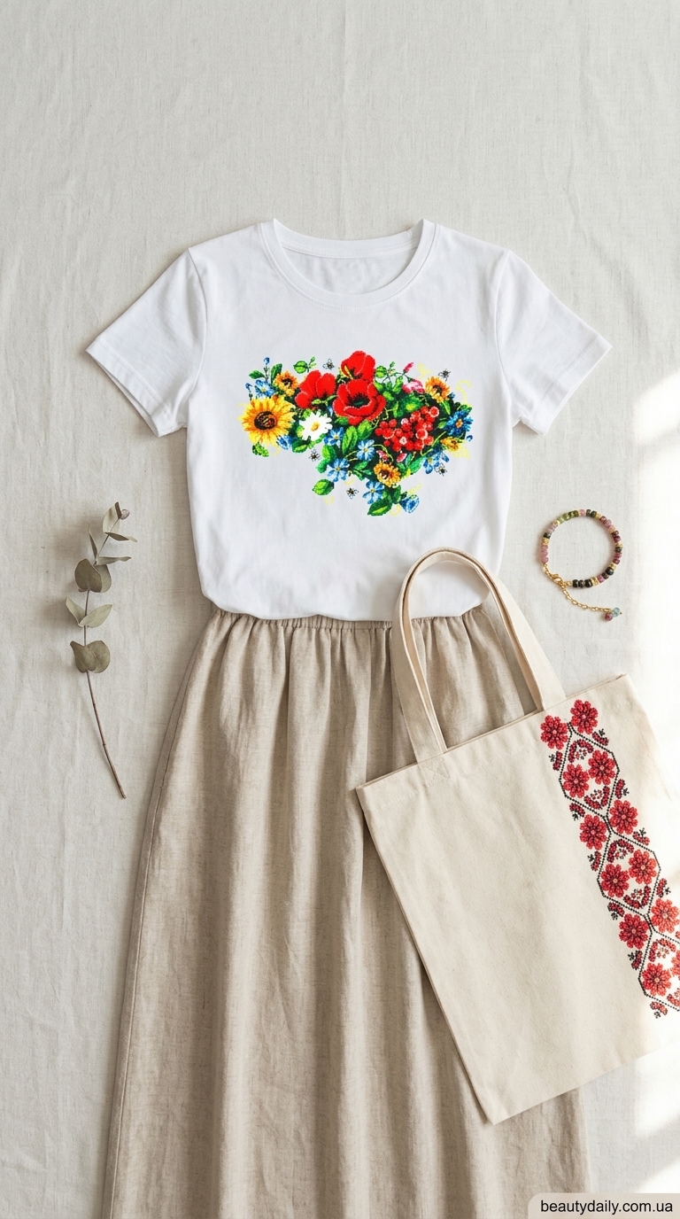 Майка з принтом з максі спідницею для богемного образу 2026. Фестивальний стиль.