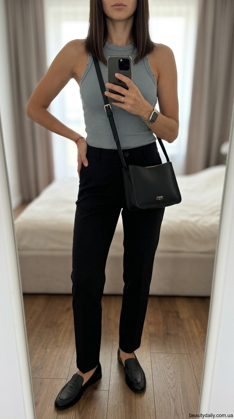 Сіра майка з чорними чіносами для мінімалістичного образу 2026. Повсякденний стиль.