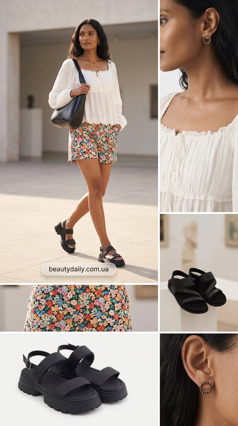 Креативний образ: шорти з квітковим принтом, об'ємна біла блуза, платформа сандалі. Ідеально для арт-заходу.