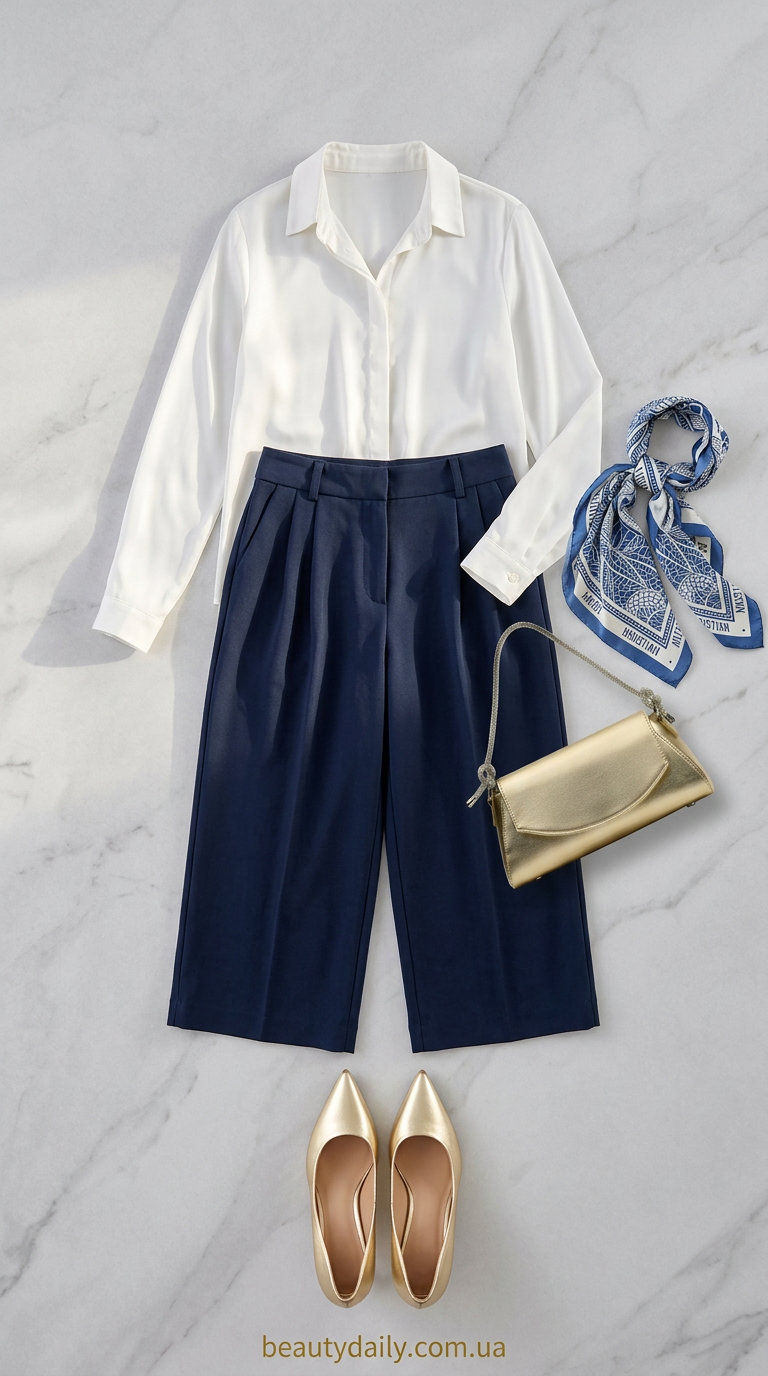 Елегантний бранч образ: сині шорти-кюлоти, біла шовкова блуза, човники. Ідеально для відпочинку.
