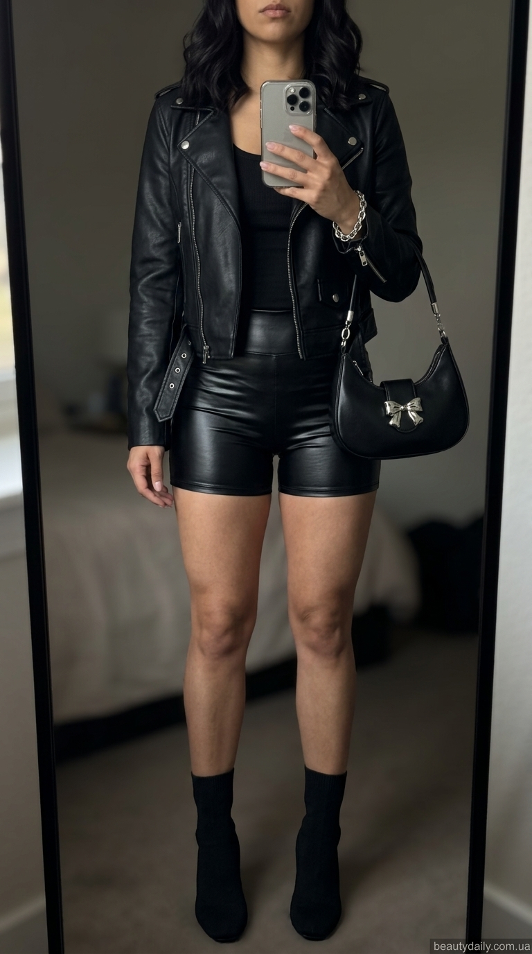 Зухвалий образ: чорні шкіряні шорти, куртка-косуха, майка-алкоголічка, ботильйони. Ідеально для джаз-вечора.