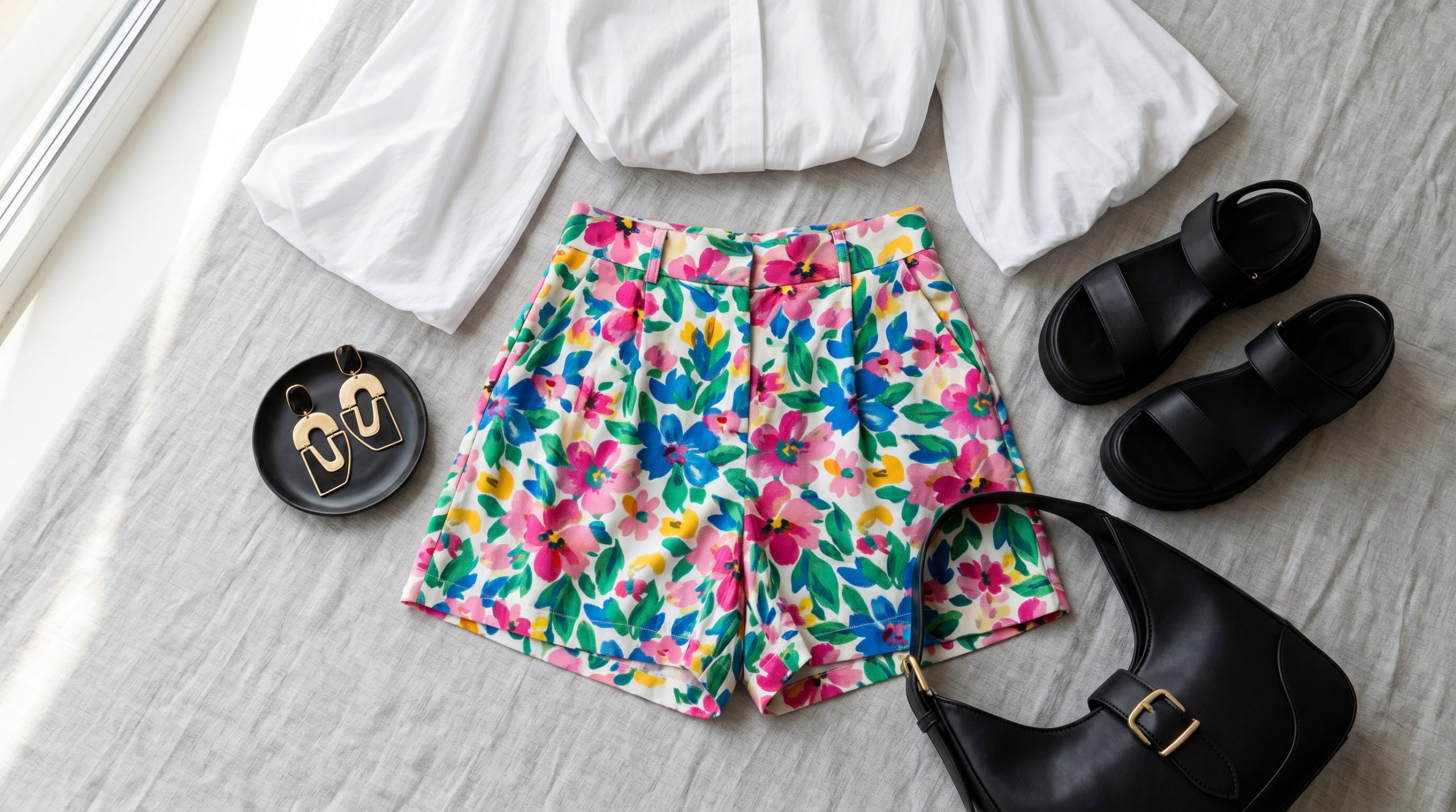 Колаж-флетлей демонструє стильні жіночі шорти та аксесуари, ідеальні для літнього сезону 2026 року.