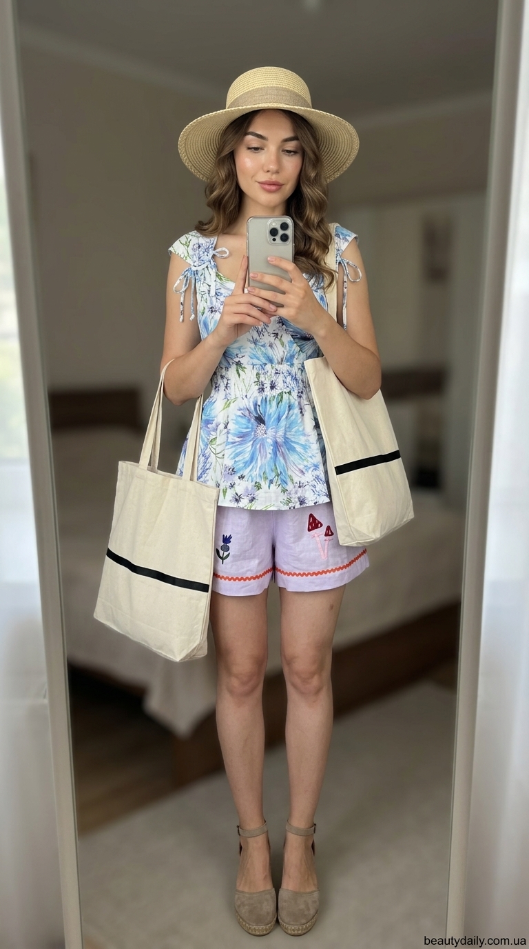 Жіночний образ: лавандові лляні шорти, білий квітковий кроп-топ, еспадрильї, солом'яний капелюх. Ідеально для пікніка.