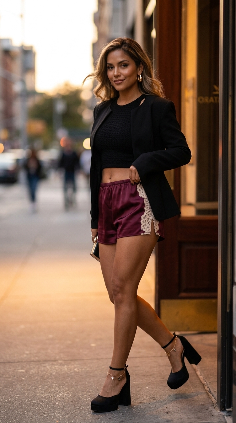 Шикарний вечірній образ: бордові атласні шорти, чорний топ, блейзер, золоті сережки. Ідеально для круїзу.