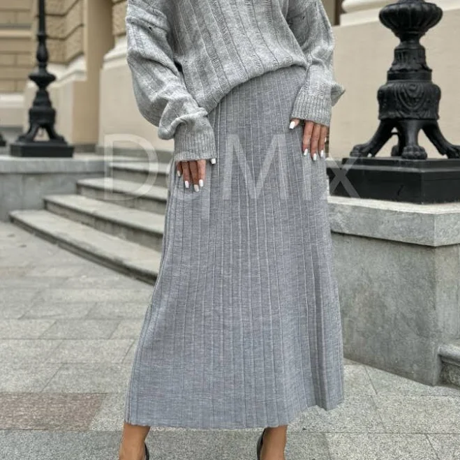 skirt Сіра жіноча спідниця міді, пряме плісе #10574 Dqmix.com $985