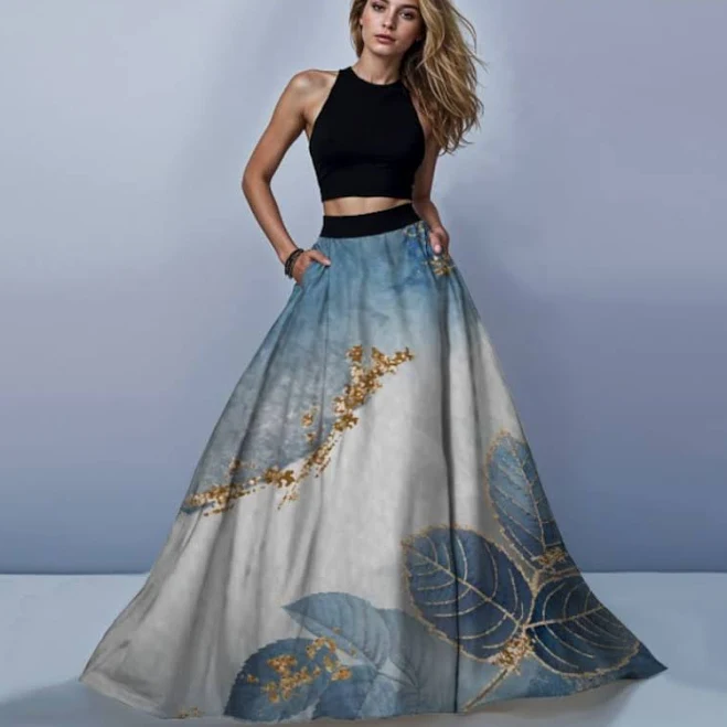 skirt Костюм с юбкой макси, голубого и белого цветов, с цветочным орнаментом и золотыми элементами donna-misteriosa.com $1999